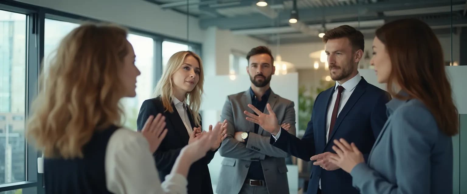Business professionals demonstrating emotional intelligence and communication through non-verbal cues in a meeting