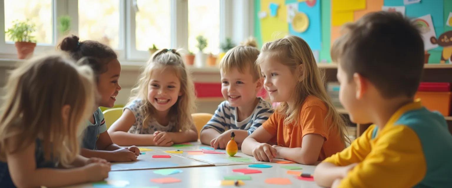 Children engaged in self awareness social emotional learning games in a classroom setting