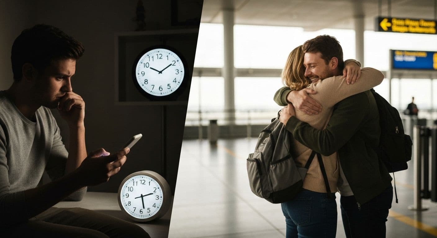 Person thoughtfully looking at phone considering when to reach out after long distance relationship breakup and get back together