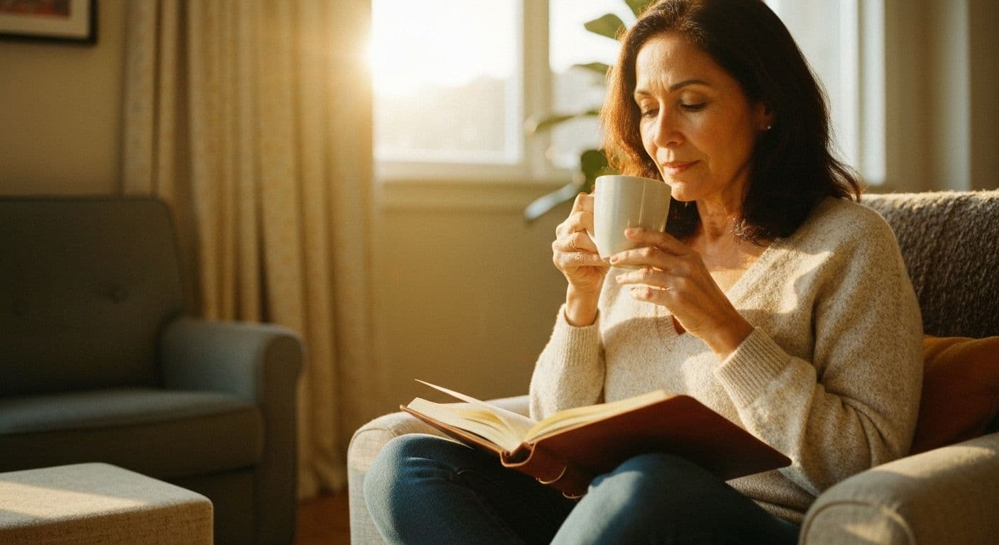 Person practicing positive habits post breakup with peaceful morning routine and coffee