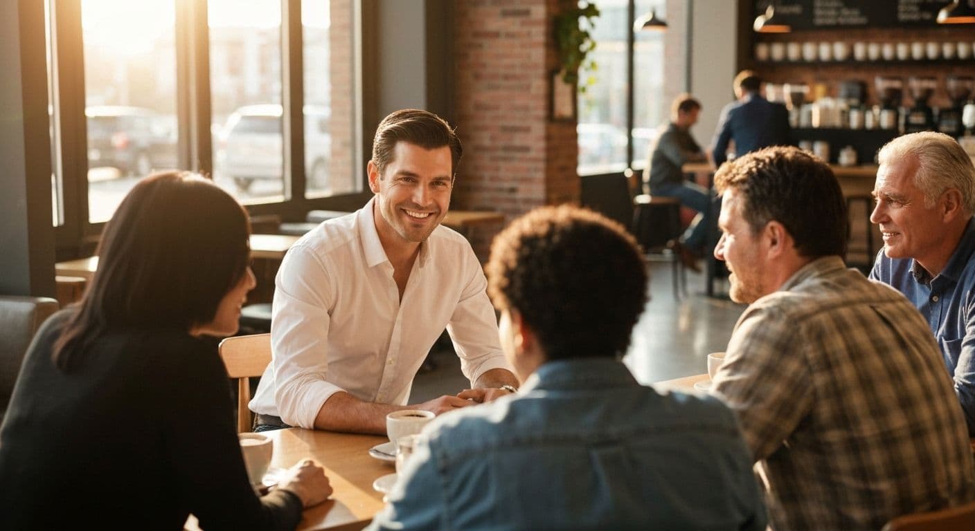 Man confidently engaging in group conversation while dealing with a breakup and rebuilding his social life
