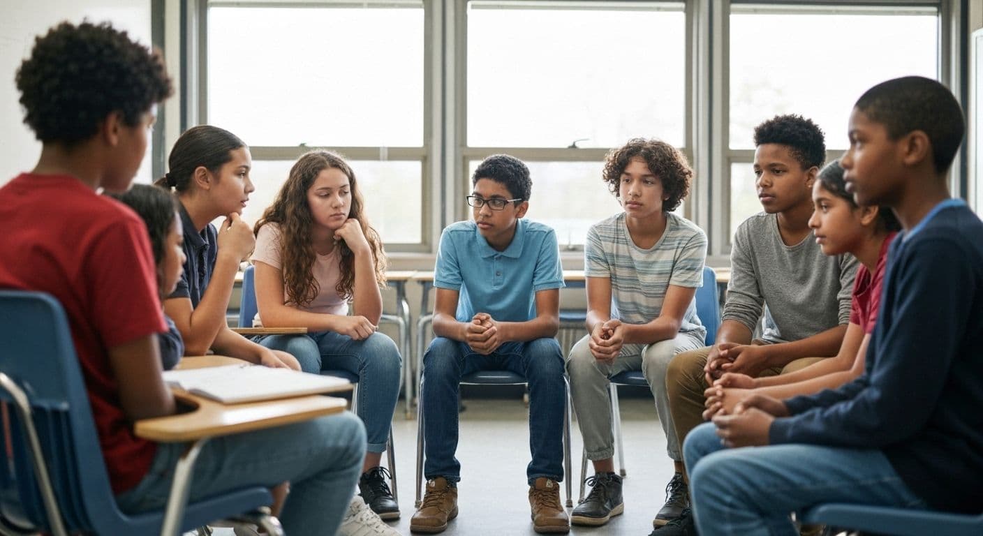 Middle school students engaged in social emotional learning self awareness activity with teacher guidance