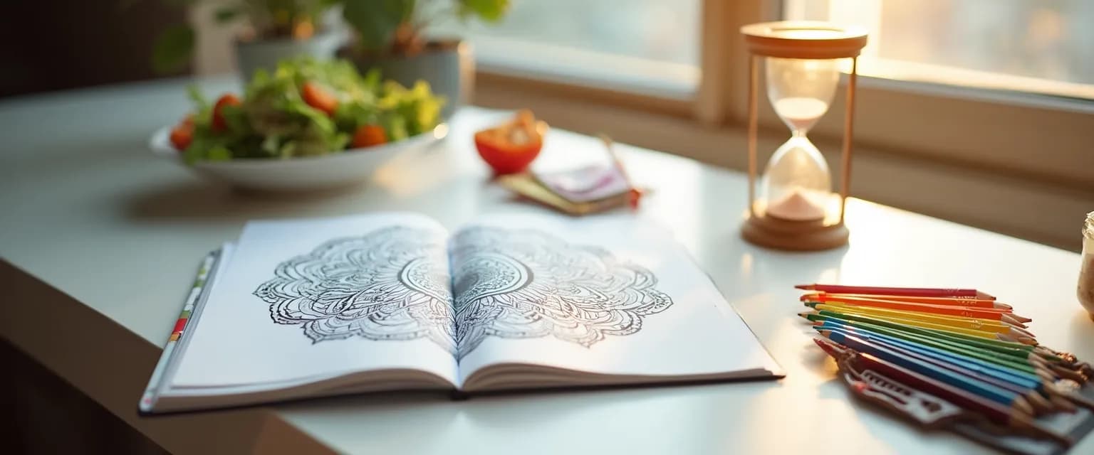 Professional using a pocket-sized mindful coloring book during lunch break