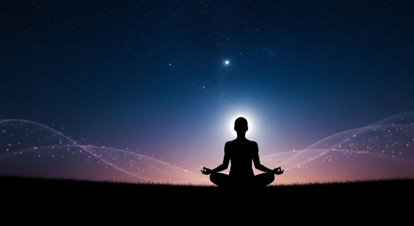 Person experiencing heightened spiritual self-awareness during peaceful nighttime meditation