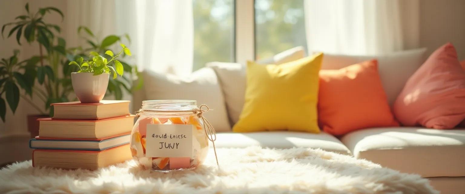 Happiness project display with everyday household objects arranged to boost mood