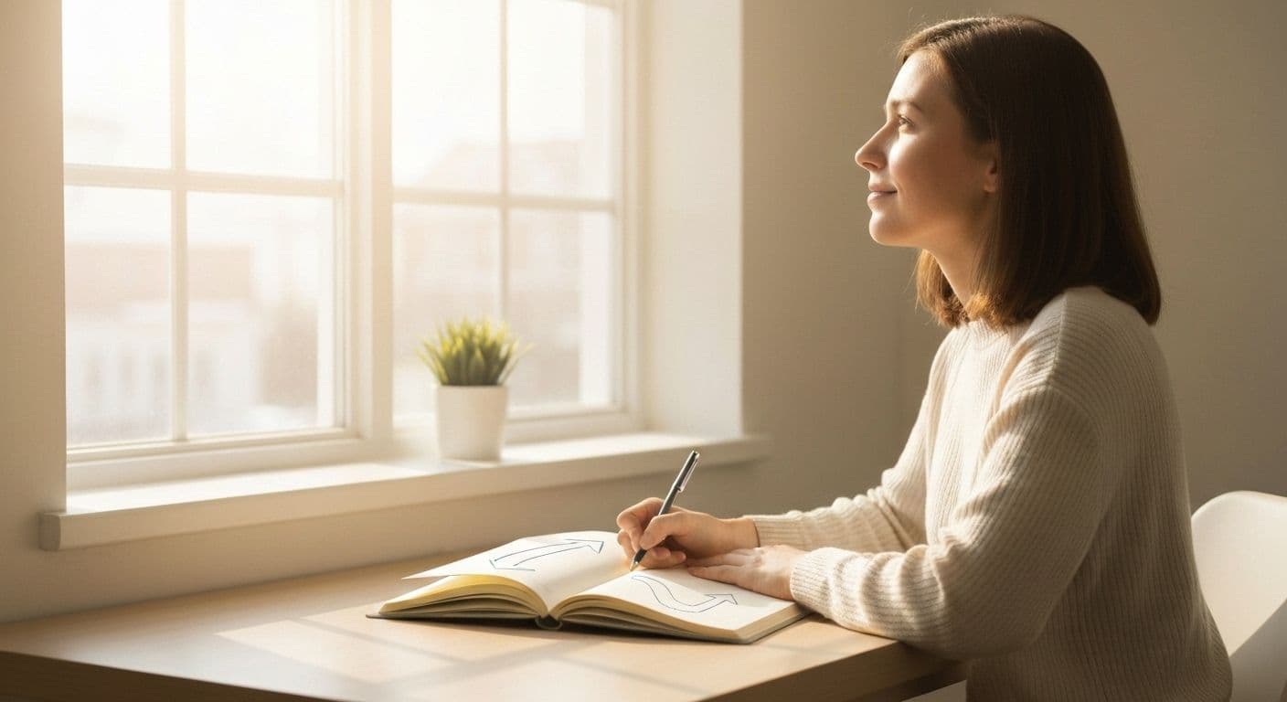 Person writing in breakup journal with forward-looking mindset and positive future vision
