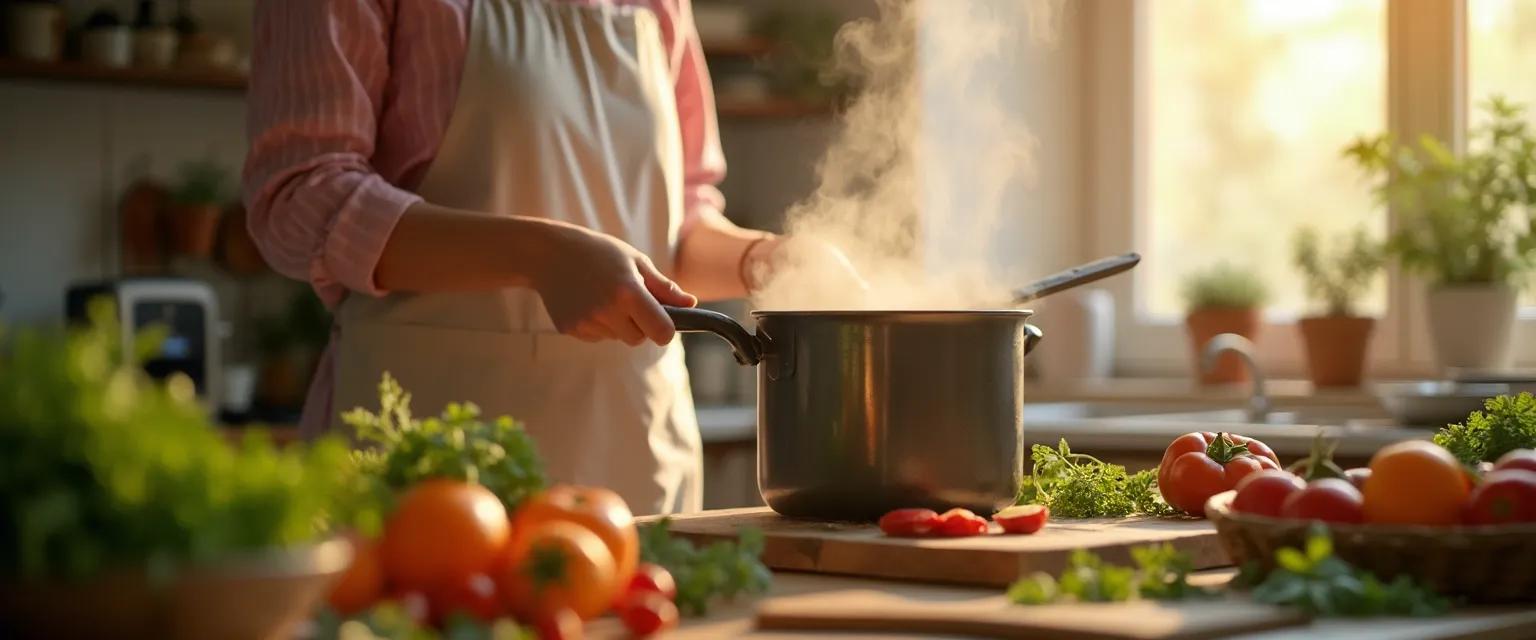 Woman finding ways to heal after a breakup by cooking a nourishing meal in her kitchen