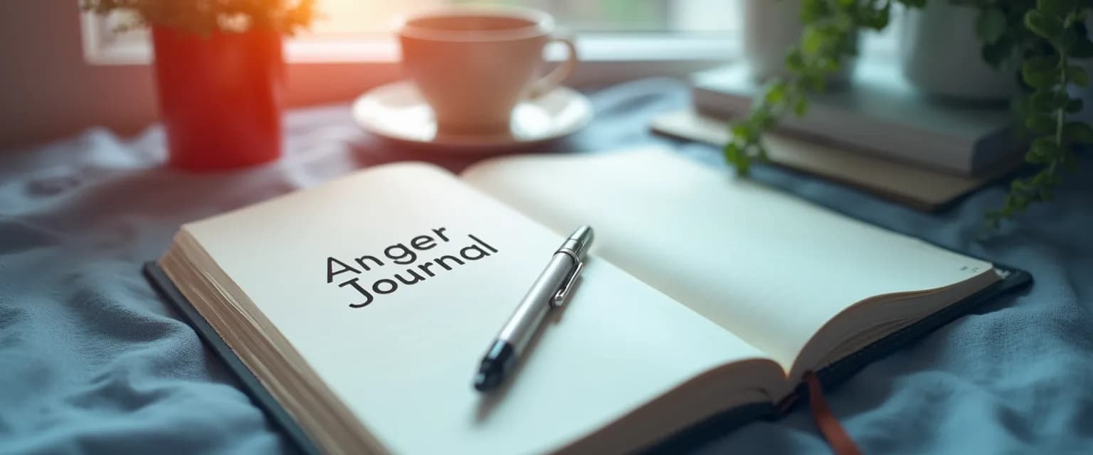 Journal prompts for overcoming anger with a person writing in a notebook