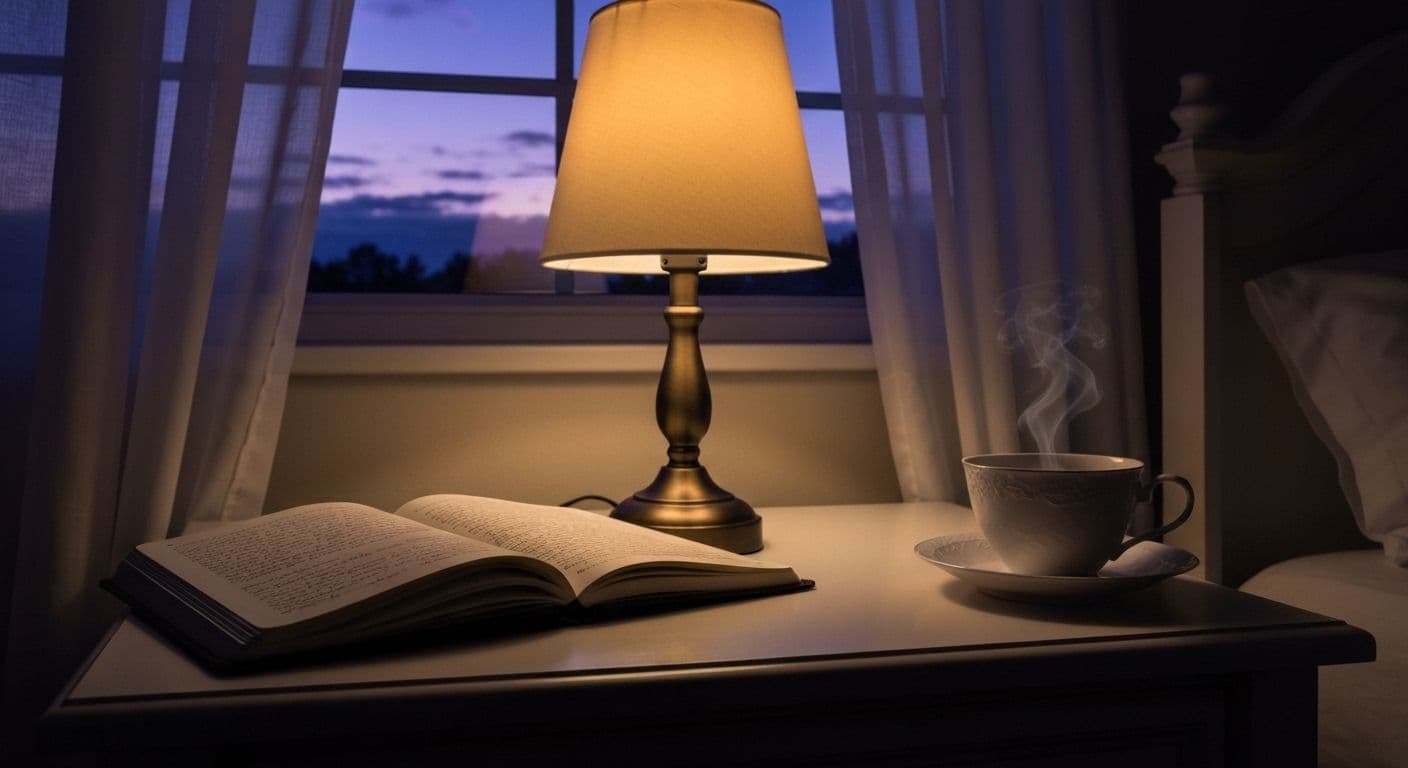 Person practicing evening ritual to calm my mind at 9PM with peaceful bedroom setting