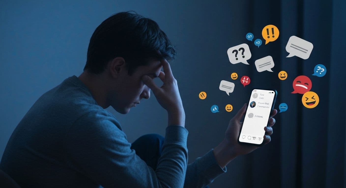 Person looking at phone in dark room showing heartbreak depression reddit forum, appearing distressed and isolated