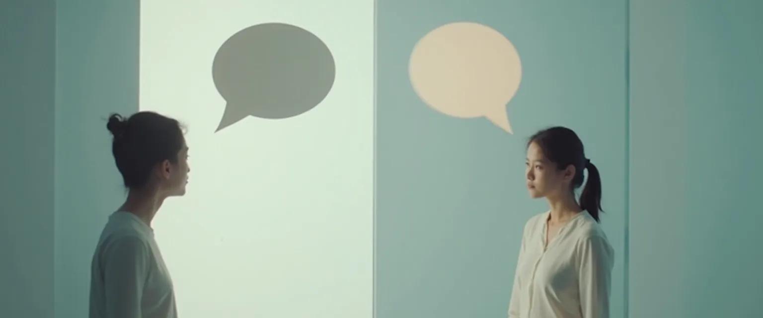 Person practicing meta self-awareness during a conversation with speech bubbles showing thought observation