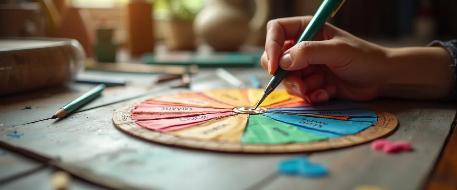 Personalized DIY emotion wheel emotional intelligence tool with color-coded sections for identifying complex feelings