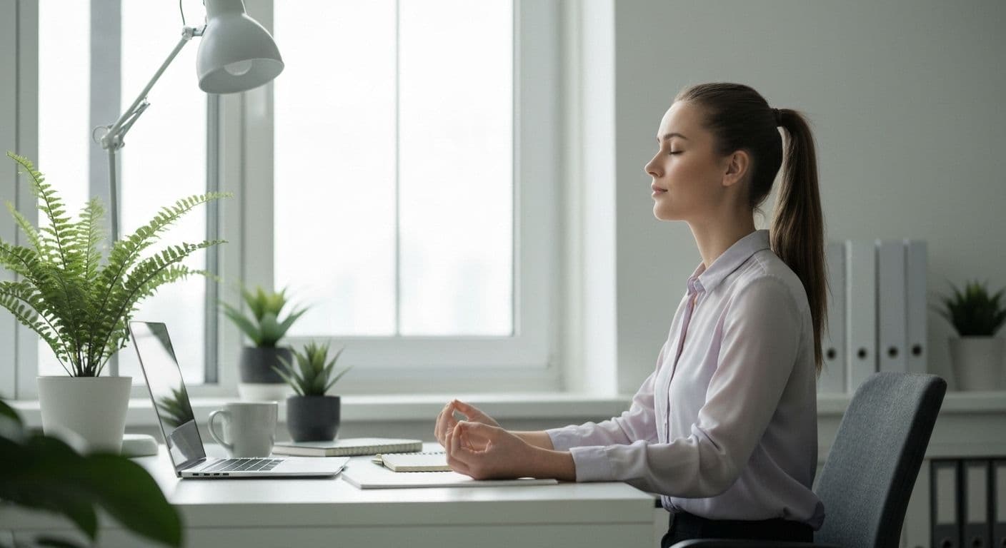 Professional practicing mind refreshing breathing technique at desk during overwhelming work moment