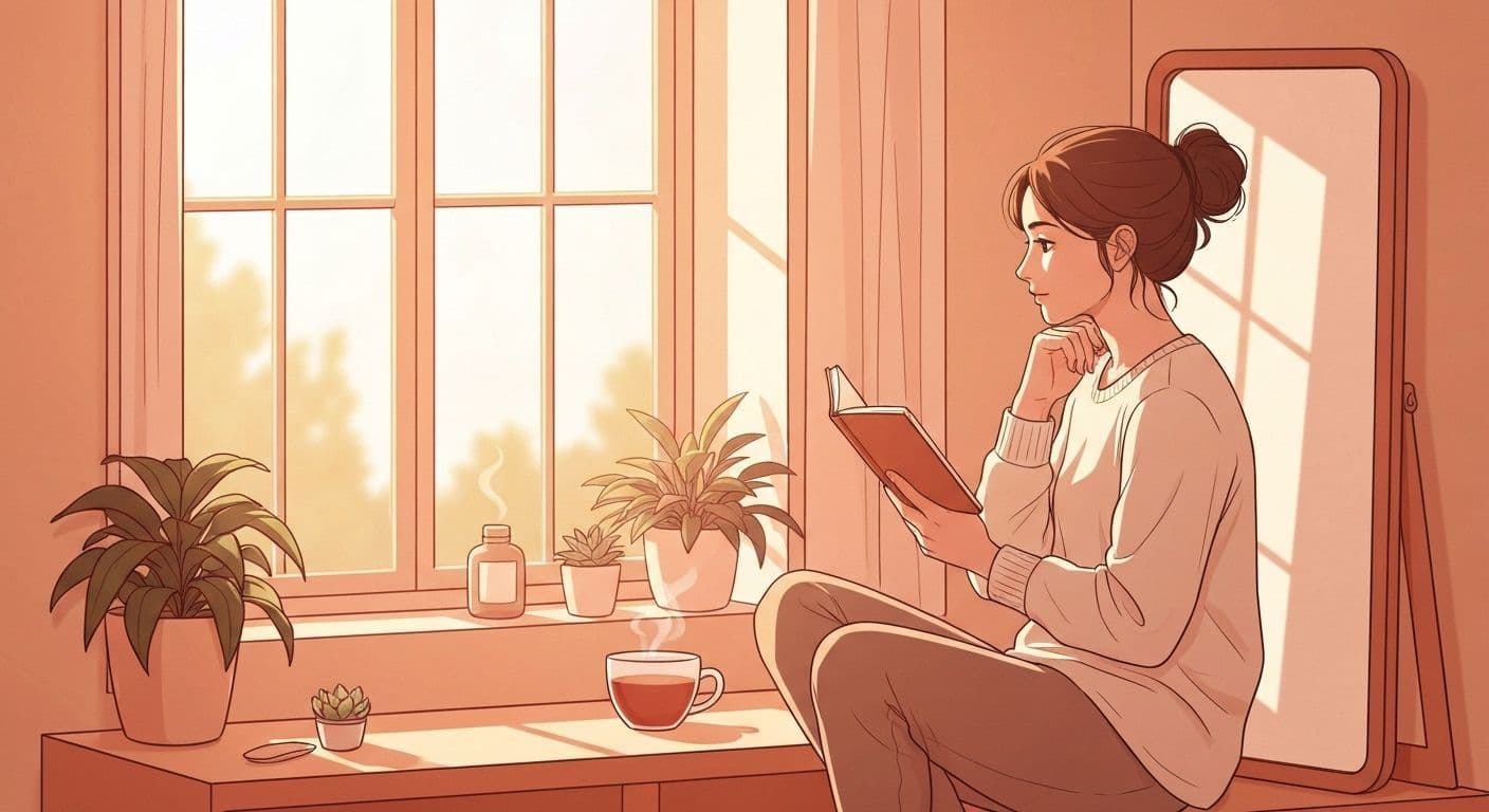 Person practicing morning self awareness and self esteem ritual with peaceful expression