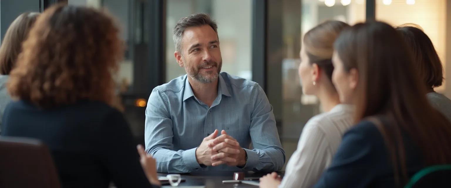 Manager implementing EQ coaching techniques with team members in a collaborative setting