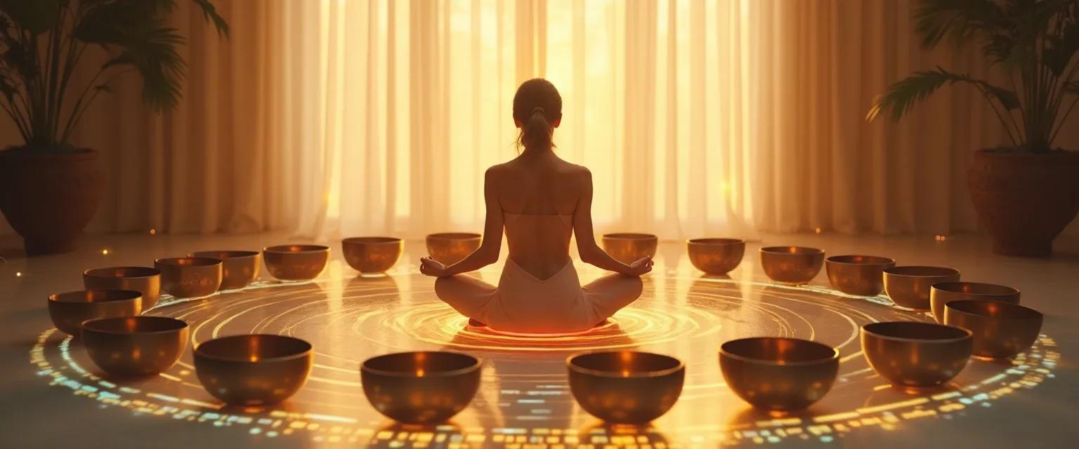 Person experiencing sound bathing with singing bowls for a peaceful mind