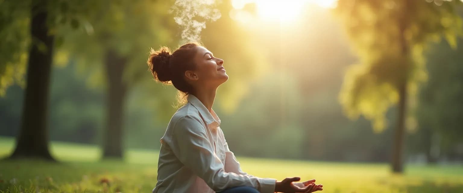 Professional practicing 5-minute meditation and mindfulness breathing exercise during lunch break