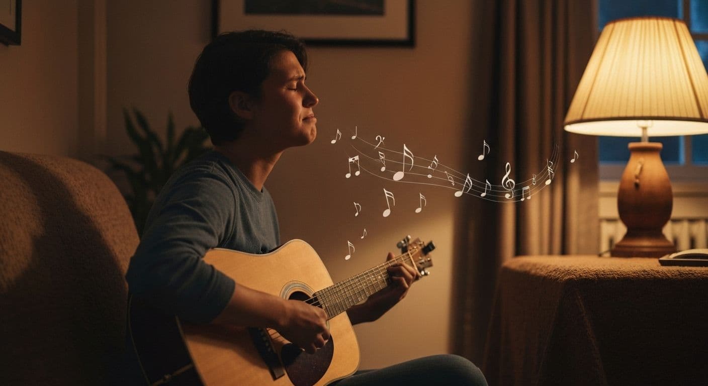 Person serenading heartbreak Ella Fields style by singing emotions with guitar during breakup recovery