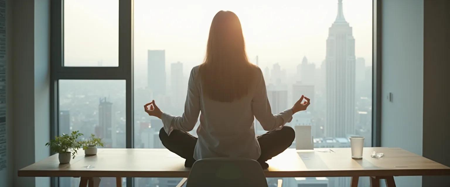 Professional practicing 3-minute meditation for mental health at desk