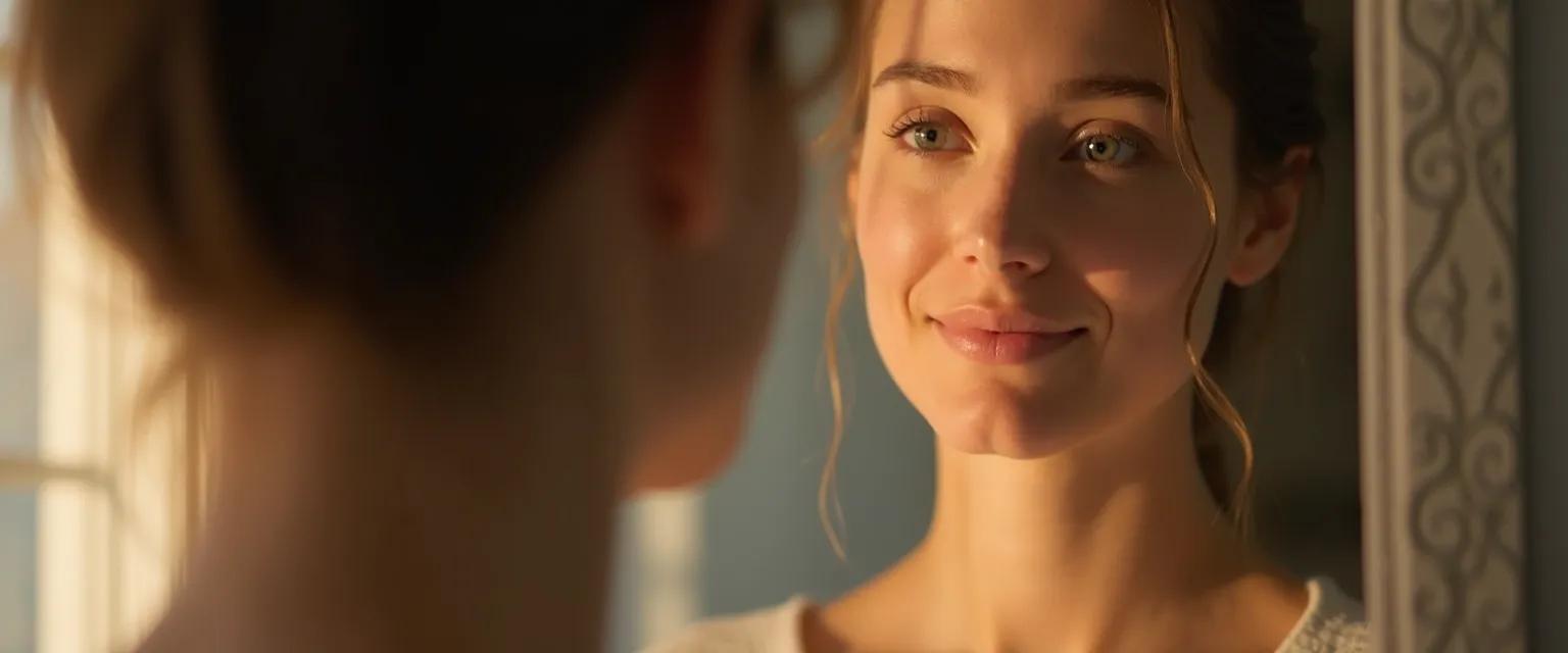 Person practicing the Mirror Method for self awareness and self mastery with a compassionate expression