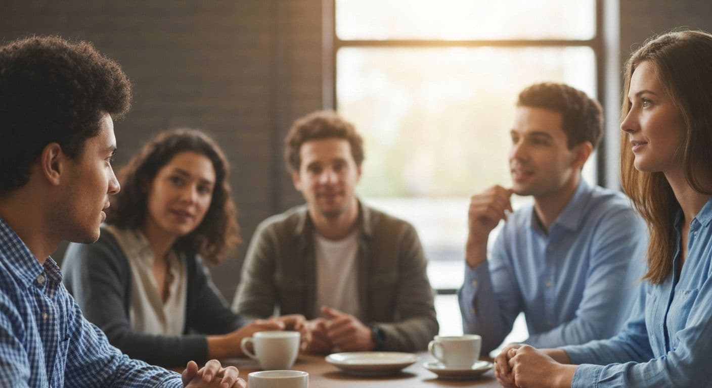 Person confidently engaging in conversation demonstrating balanced self and other awareness in social setting
