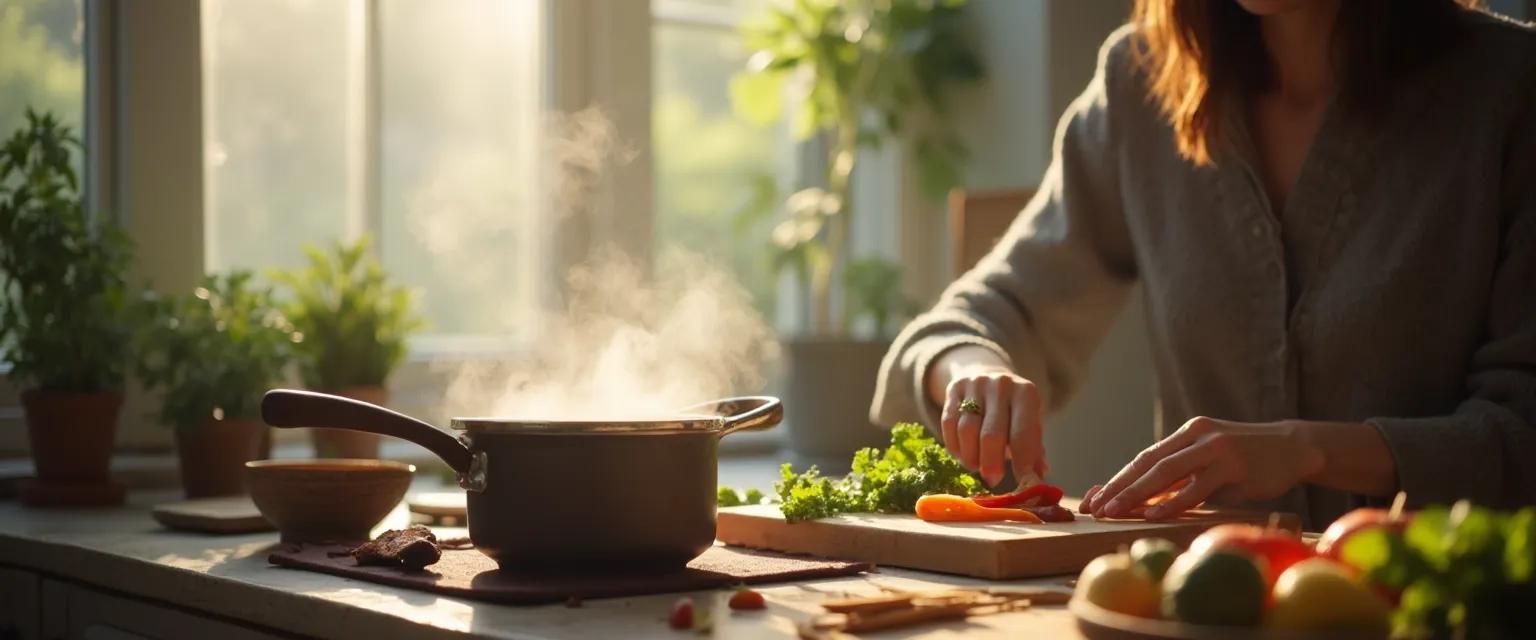 Woman enjoying mindful minutes while preparing vegetables in a sunny kitchen