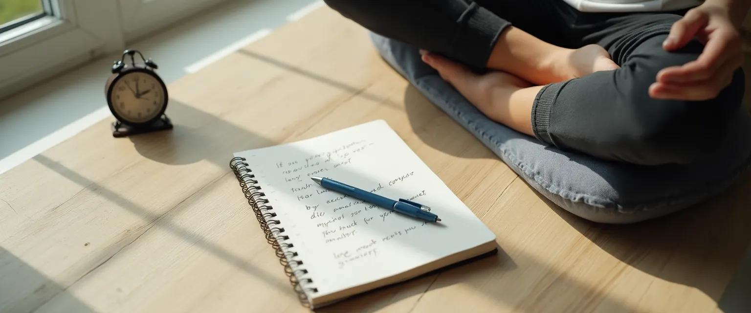 Person creating a guided mindfulness meditation script on a notepad with timer showing 15 minutes
