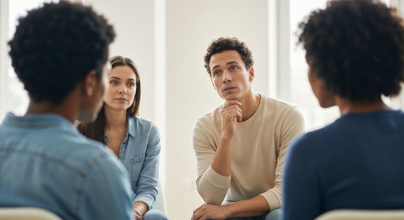 Person sitting thoughtfully in a griefshare support group circle, contemplating when to share their story
