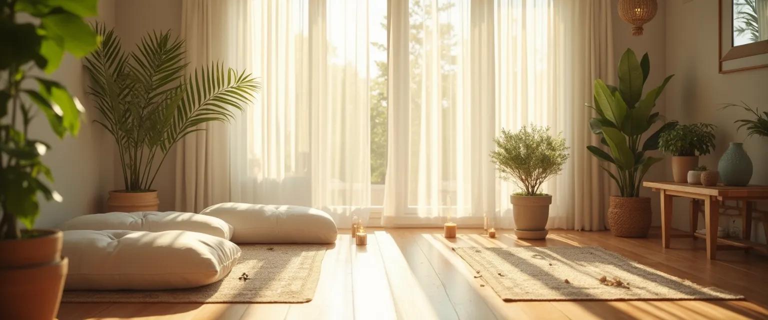 Peaceful home setting for DIY mindfulness retreats near me with meditation cushions and natural elements