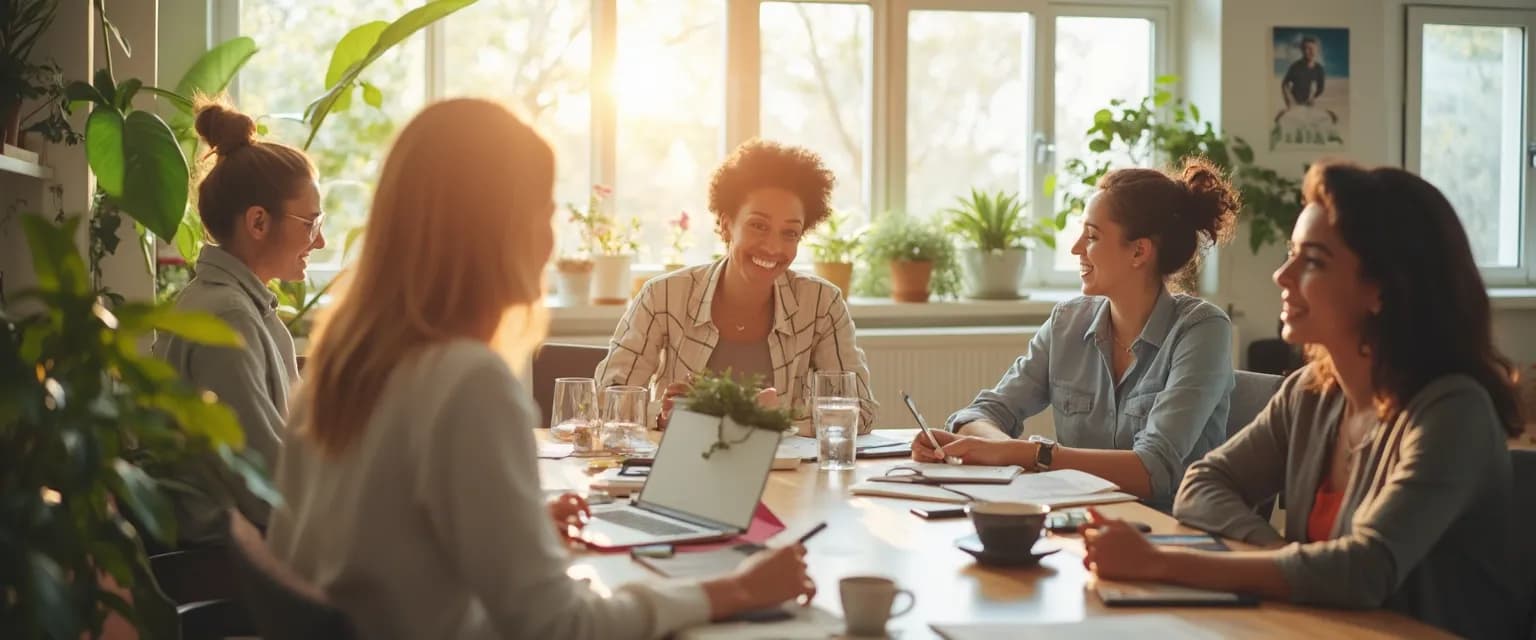 Professional woman experiencing the happiness advantage while collaborating with colleagues at work