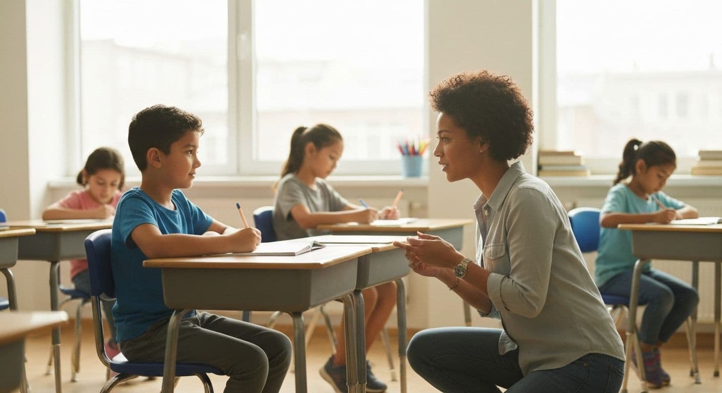 Teacher implementing self awareness in the classroom during a natural lesson transition with engaged students