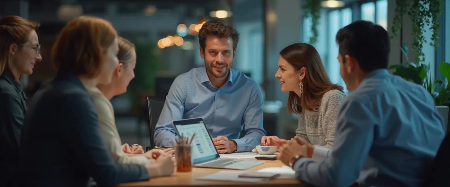 First-time manager using emotional intelligence and effective leadership skills in a team meeting