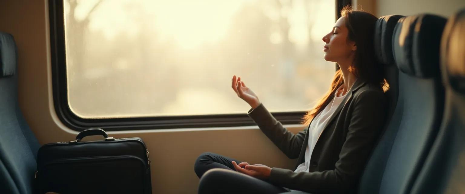 Working parent practicing body mind centering breathing techniques during commute