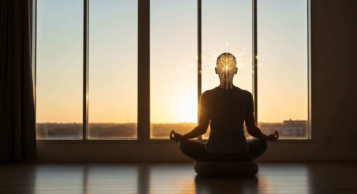 Person practicing Jon Kabat-Zinn guided meditation in peaceful morning light with calm focused expression