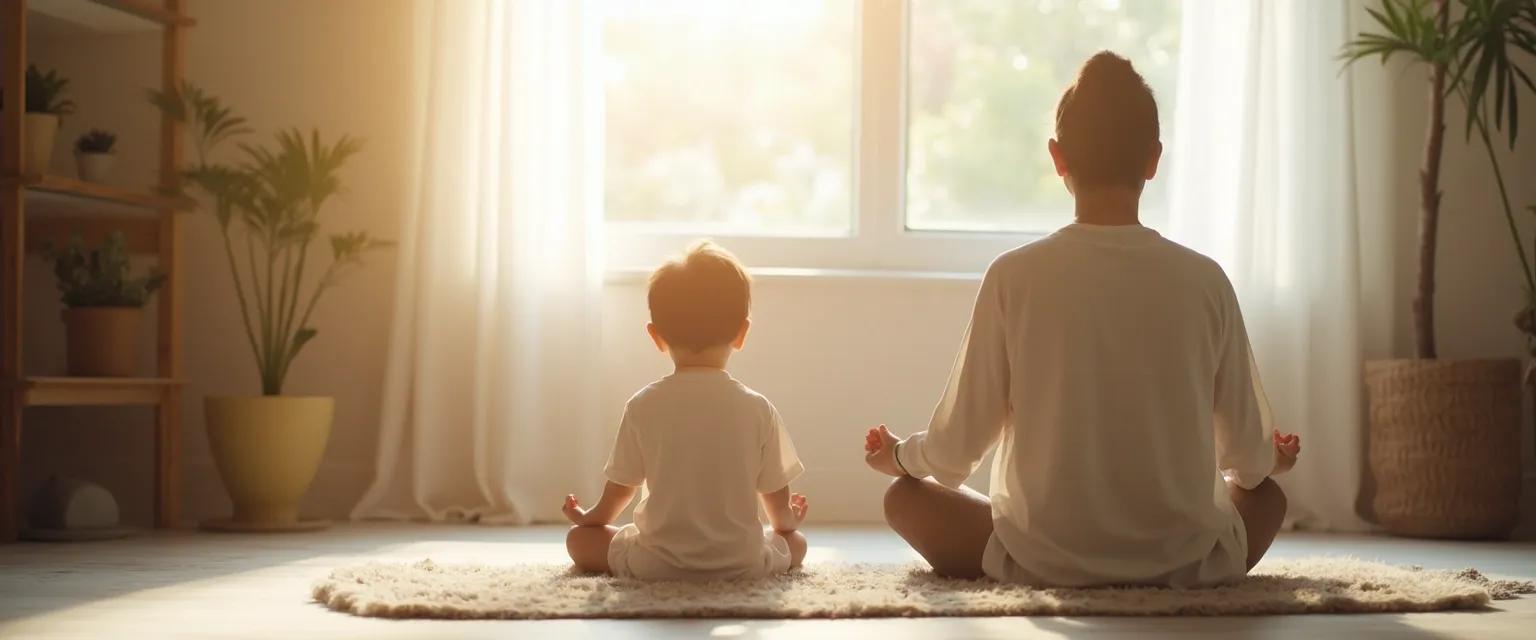 Parent practicing mindfulness Buddhism techniques with child for family balance