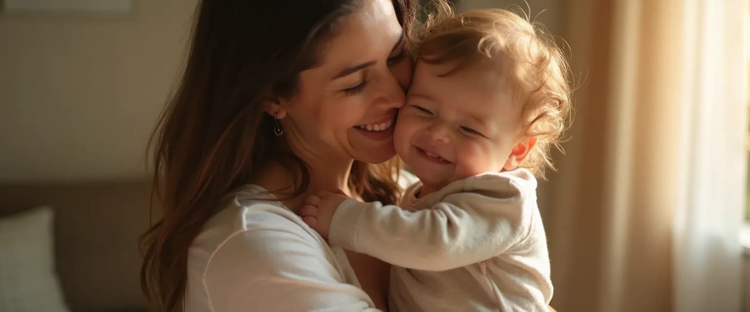 A mother experiencing authentic joy with her child, representing the true meaning of being a happy mom