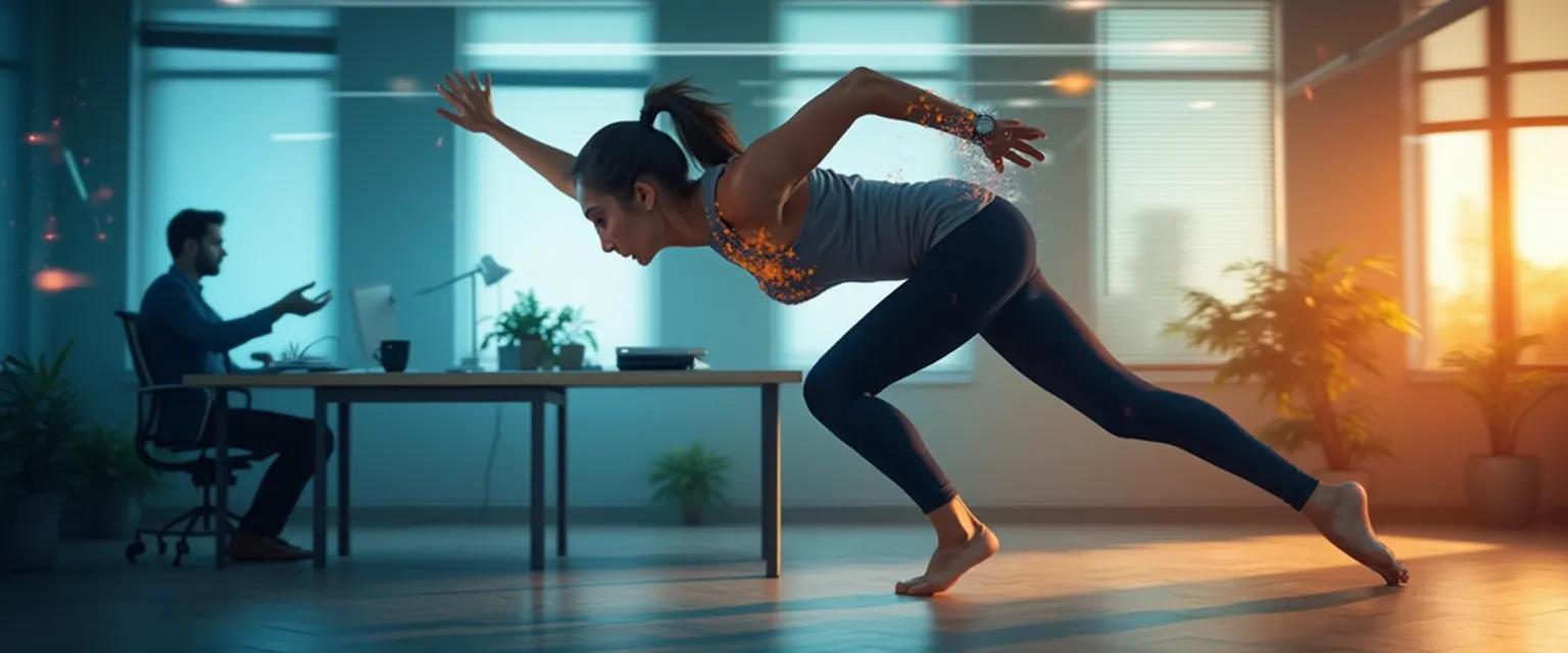 Person defeating procrastination in daily exercise with a quick 5-minute micro-workout at their desk