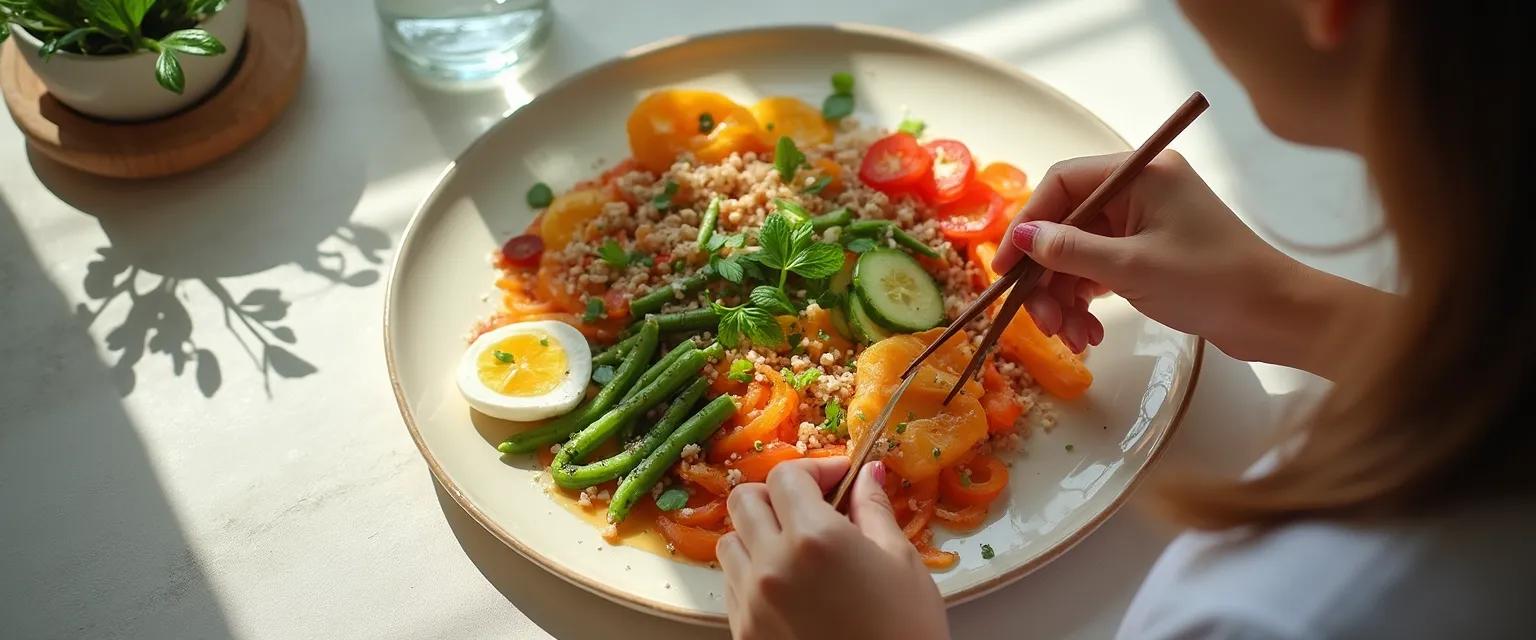 Woman practicing daily mindfulness while enjoying a nutritious meal
