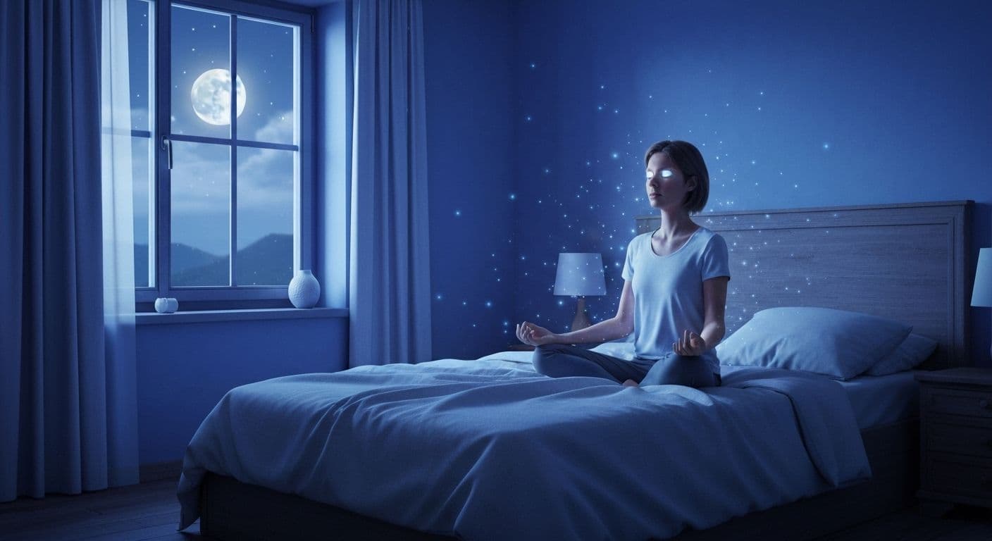 Person peacefully practicing meditation and sleep techniques in a calm bedroom environment