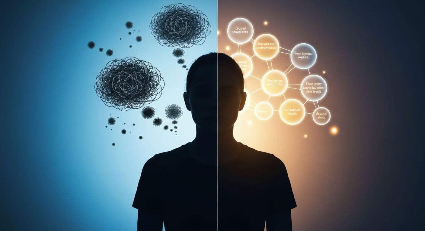 Person practicing cognitive self awareness by observing their inner dialogue and thought patterns