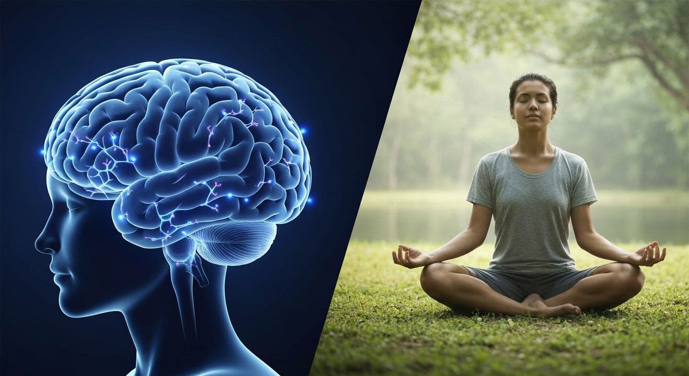 Brain illustration showing mindfulness psychology effects on neural pathways and stress response regions