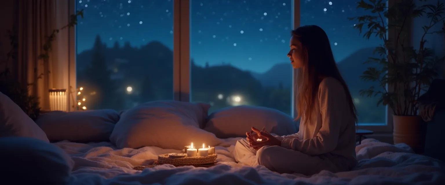 Person enjoying a peaceful Happy Me ritual during nighttime hours