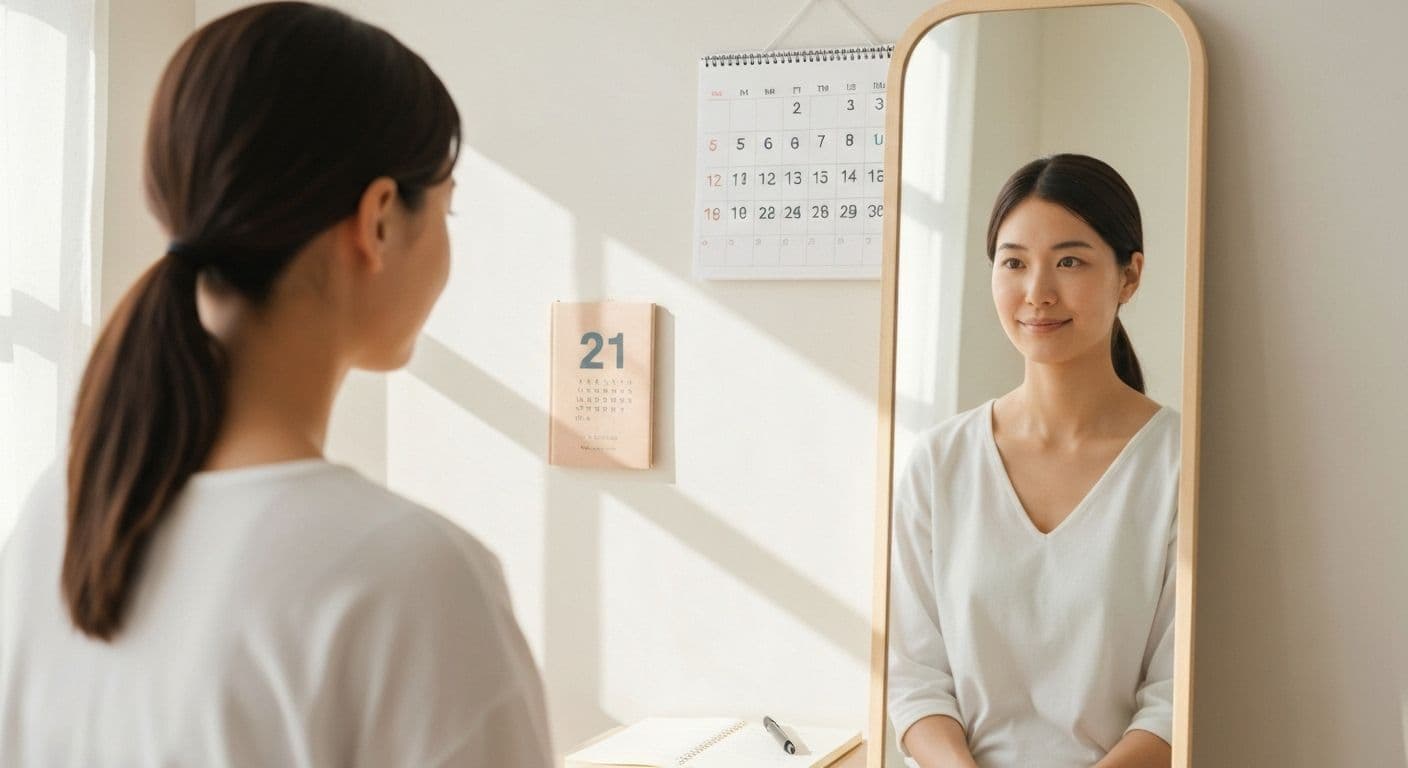 Person reflecting on self awareness who am I question with simple daily journal and calm mindful expression