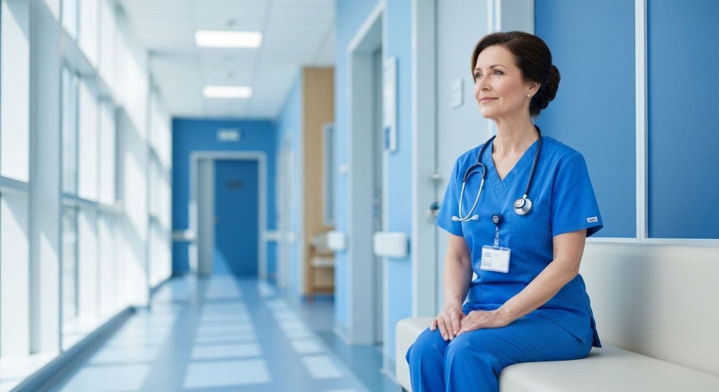 Healthcare provider practicing self-awareness in health care between patient appointments in hospital hallway