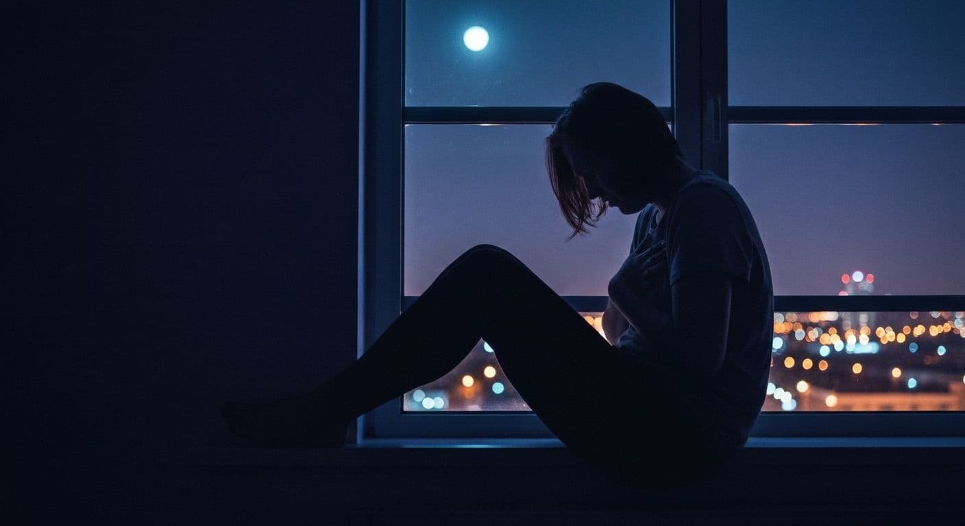 Person sitting alone at night feeling heartbroken over breakup, illustrating nighttime emotional pain