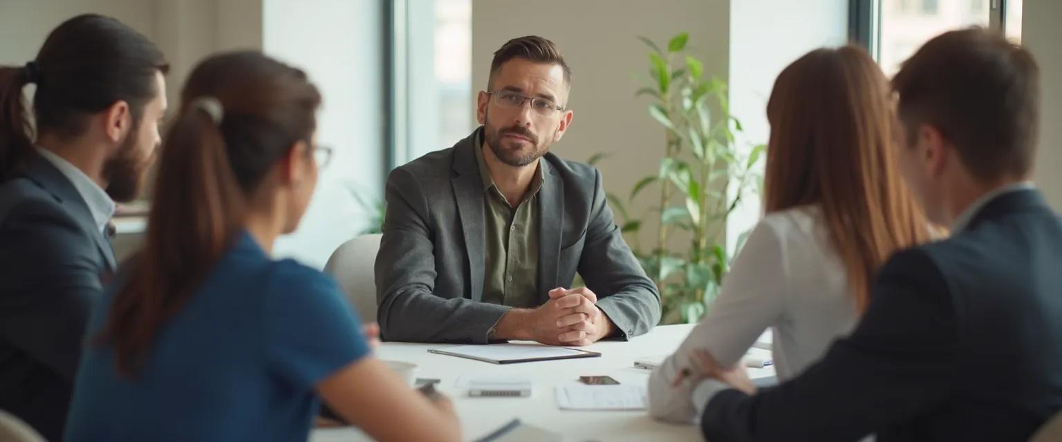Manager demonstrating emotional intelligence and purpose-driven leadership during team discussion