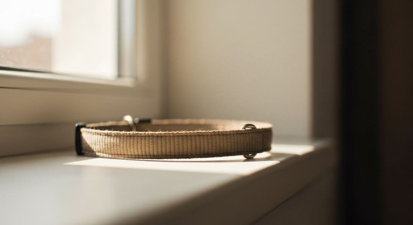 Person holding pet collar while experiencing pet grief and processing loss with emotional attachment objects