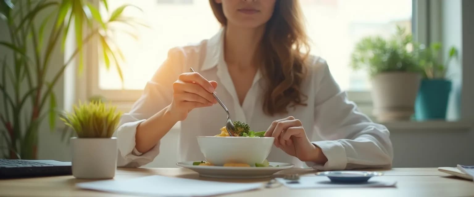Professional practicing MBSR mindfulness techniques during lunch break at desk