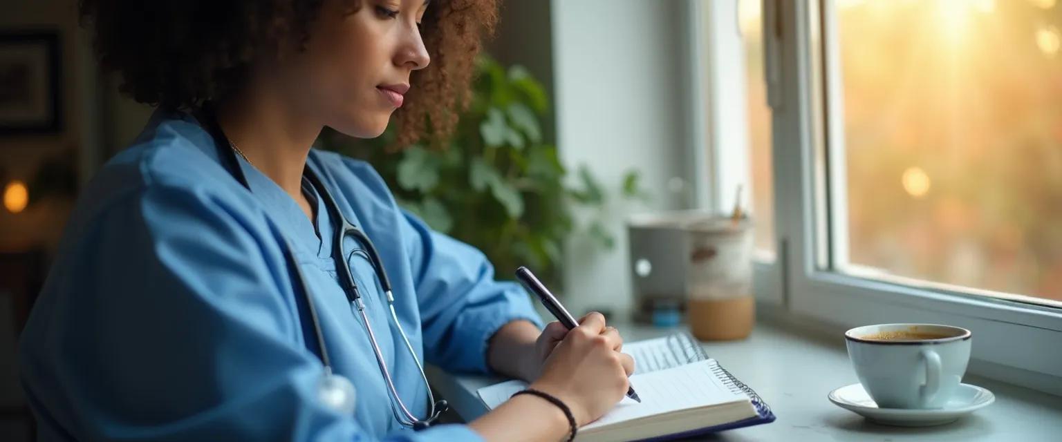 Healthcare professional practicing self-awareness health and social care exercises during work