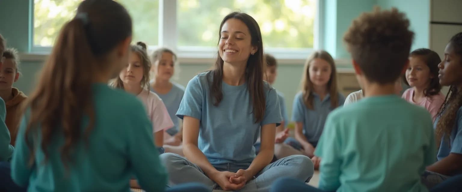 Teacher leading Mind Yeti mindfulness session with focused students in classroom